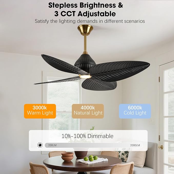 52" Tropical Ceiling Fans with Lights, Indoor Palm Leaf Ceiling Fan with Light and Remote for Living Room Bedroom, ABS Blades, Dimmable LED Lights, 6 Speeds, Adjustable Height-Black Gold