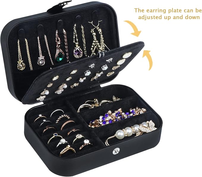 Hatori Travel Jewelry Box, PU Leather Small Jewelry Organizer for Women Girls, Double Layer Portable Mini Travel Case Display Storage Holder Boxes for Stud Earrings, Rings (Black02)