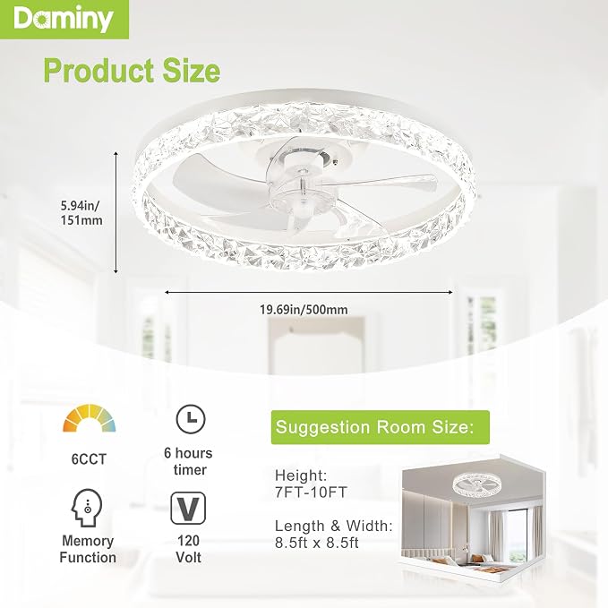 DAMINY Ceiling Fans with Lights and Remote, 6CCT,Dimmable Low Profile Ceiling Fan with Light, Flush Mount Bladeless Ceiling Fan,6 Speeds,20 inch White Modern
