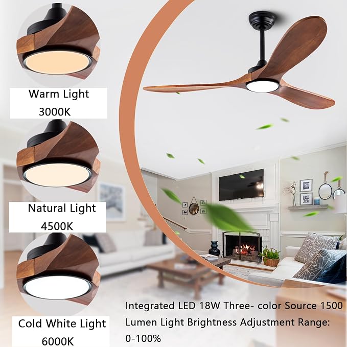 QUTWOB 42" Wood Ceiling Fan with Light, Reversible DC Motor, Remote Control | solid wood blades, quiet 6-speed reversible dc inverter motor, remote control, 3-color led, for indoor outdoor patio garage