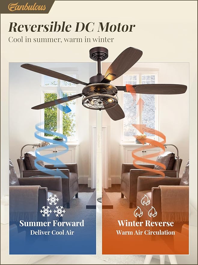 Fanbulous Farmhouse Ceiling Fan with Light and Remote, Industrial Caged Flush Mount Ceiling Fans with 6 Speed Reversible Motor and Dual Finish 5 Blades, for Living room, Bedroom (Oil Bronze, 52Inch)