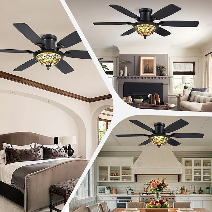 Tiffany Ceiling Fans with Lights - 52" Ceiling Fan Chandelier with Stained Glass Shade, 6 Speeds Reversible 6 Dual-Blades, Flush Mount, 3 CCT Dimmable LED Lights, Remote & APP Control, Farmhouse