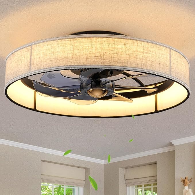 XUDOM19.6 Farmhouse Low Profile Flush Mount Ceiling Fan with Light and Remote,Fabric Bladeless Caged Fandelier with APP Control 6 Speed DC Motor,Timer,LED Dimmable for Bedroom,Living Room