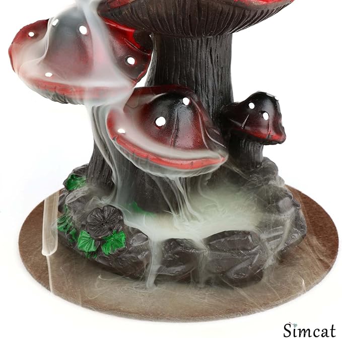 Simcat Backflow Incense Burner Holder Mushroom Handicraft Decor Resin Reverse Flow Incense Burner Censer Cone Incense Waterfall Burner + 20 Backflow Incense Cones 30 Incense Sticks 1 Tweezer 1 Mat