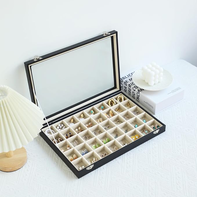 Stratalife 40 Grid Earring Organizer, Jewelry Holder Organizer with Lid | PU Leather Storage Box for Earring, Ring, Studs and Trinkets, Soft Velvet Drawer Organizer for Women, Dustproof, Beige Black