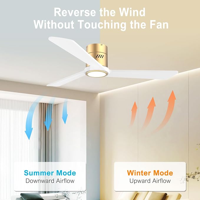 DAMINY Natural Solid Wood White and Gold 52 inch Ceiling Fan with Light,3 Blades,6CCT,Low Profile Ceiling Fan with Light and Remote Control, APP Control,Flush Mount