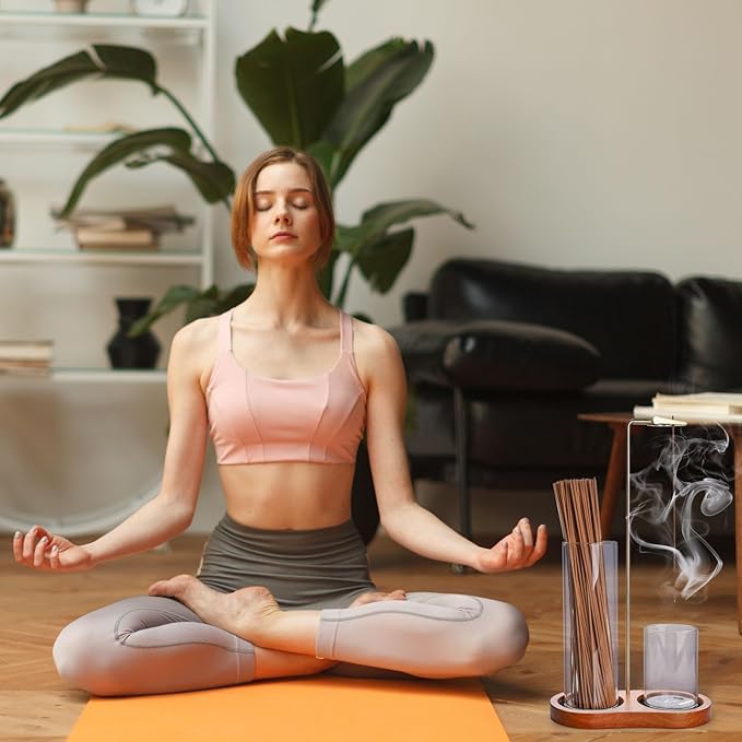 2 in 1 Incense Holder with Ash Catcher, Anti-Tip Secure Glass Cups with Hook & Loop Fasteners, 8-Shaped Wooden Base, Stable Vertical Burner for Meditation, Yoga & Home Decor (Brown)