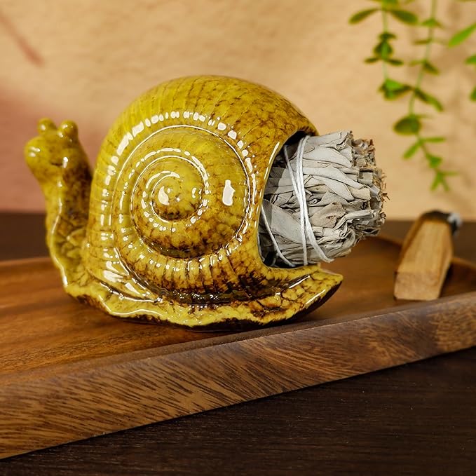 MOUGIGI Handcrafted Yellow Ceramic Snail Palo Santo Holder - Mini Fireplace Incense Burner for Sage, Wood Sticks, Cones & Tealights - Unique Aromatic Smudge Bowl for Yoga and Meditation Gifts