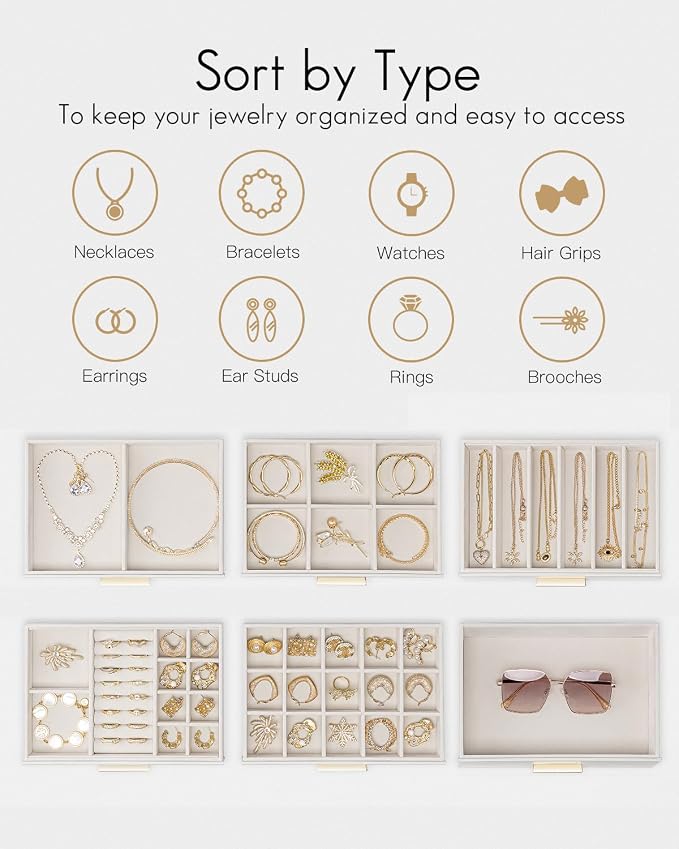 VLANDO 6 Layer Jewelry Box for Women, Glass Lid Jewelry Organizer with 6 Drawers for Necklaces Rings Earrings Bracelets - White
