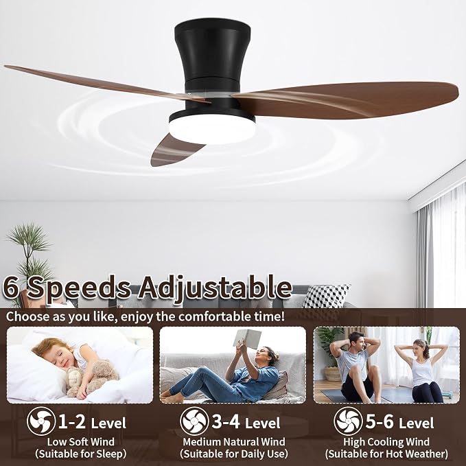 40 inch Ceiling Fan with Lights, Flush Mount with Remote Control | 3 Blades, 6 Speeds, Reversible Quiet DC Motor, Dimmable, 3000-6000K Adjustable, Timer, for Bedroom Dining Room Home Office