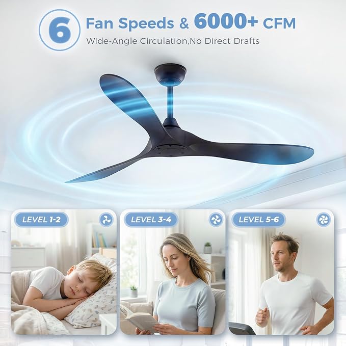 Obabala Black Ceiling Fan No Light, 52" Outdoor Fans for Patios/Porch/Bedroom/Kitchen with Remote, Noiseless, 3 Downrods, 6 Speed, Reversible DC Motor, Modern, 3 Blades, Timer