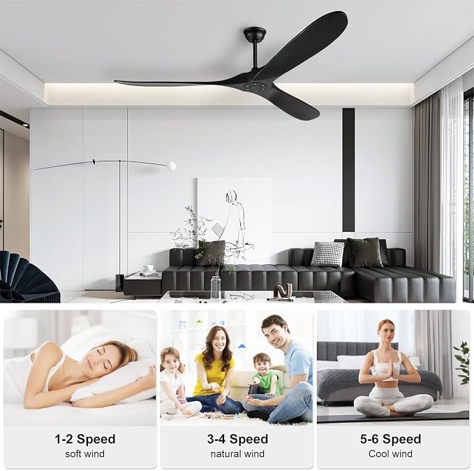 heimo 60 Inch Black Ceiling Fan No Light，Indoor Outdoor 3 Blade Wood Ceiling Fans Without Lights for Patios Bedroom Living Room Farmhouse Big Outside Fan for Sloped Angled Ceiling