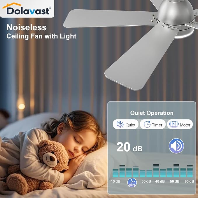 Ceiling Fans with Lights, 42 Inch Low Profile Ceiling Fan with Light and Remote Control, Flush Mount, Reversible, 3CCT, Dimmable LED, Quiet, Nickel Ceiling Fan for Bedroom, Kitchen