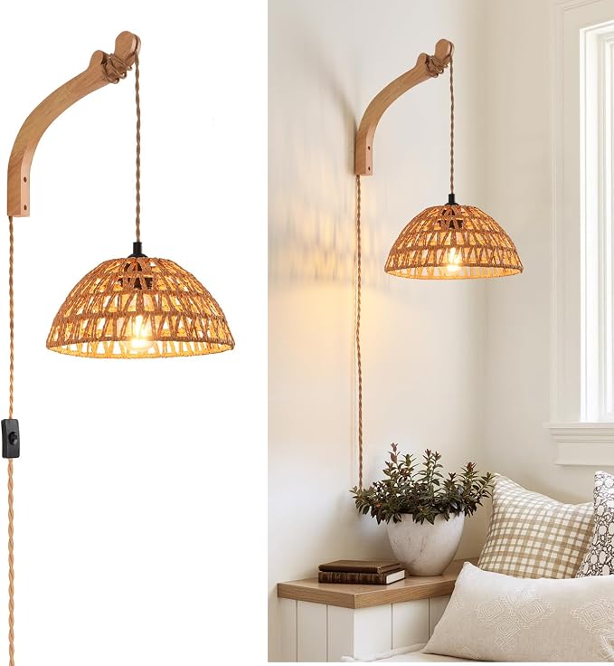 Plug in Wall Sconce,Farmhouse Wicker Wall Lamp Plug in,Hand Woven Rattan Wall Light Farmhouse Rustic Boho Sconces Wall Lighting for Living Room Bedroom