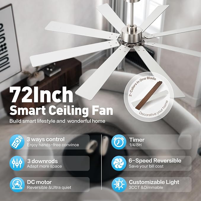 Minislak 72Inch Large Brushed Nickel Ceiling Fans with Light and Remote Control,8 Wooden Blades,6-Speeed,3CCT,Quiet Reversible DC Motor,Indoor Outdoor Ceiling Fan for Patio/Living Room/Garden