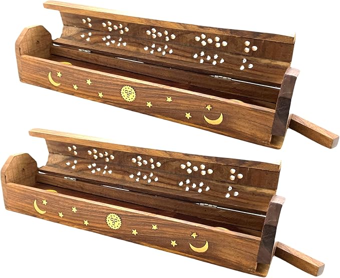 2 Pack Wooden Coffin Incense Sticks Burner - 12 Inches Brass Inlays - Storage Compartment (Sun Moon Star)