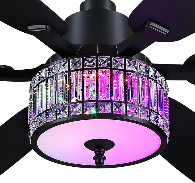 Kviflon 52 Inch Crystal Ceiling Fan with RGB Lights and Remote/APP Control, Black Fandelier Ceiling Fan with Light, Modern Chandelier Ceiling Fan for Bedroom Living Room, Quiet DC Motor, Dimmable LED