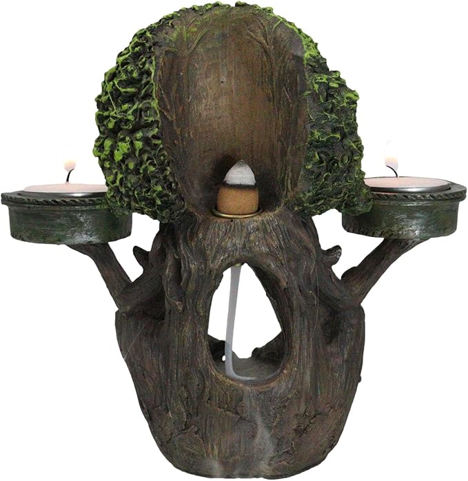 Ebros Gift Mystic Forest Celtic Greenman Tree Man God Ent Meditating Waterfall Smoke Backflow Incense Cone Burner and Double Votive Candleholders Figurine Horned God Tree of Life