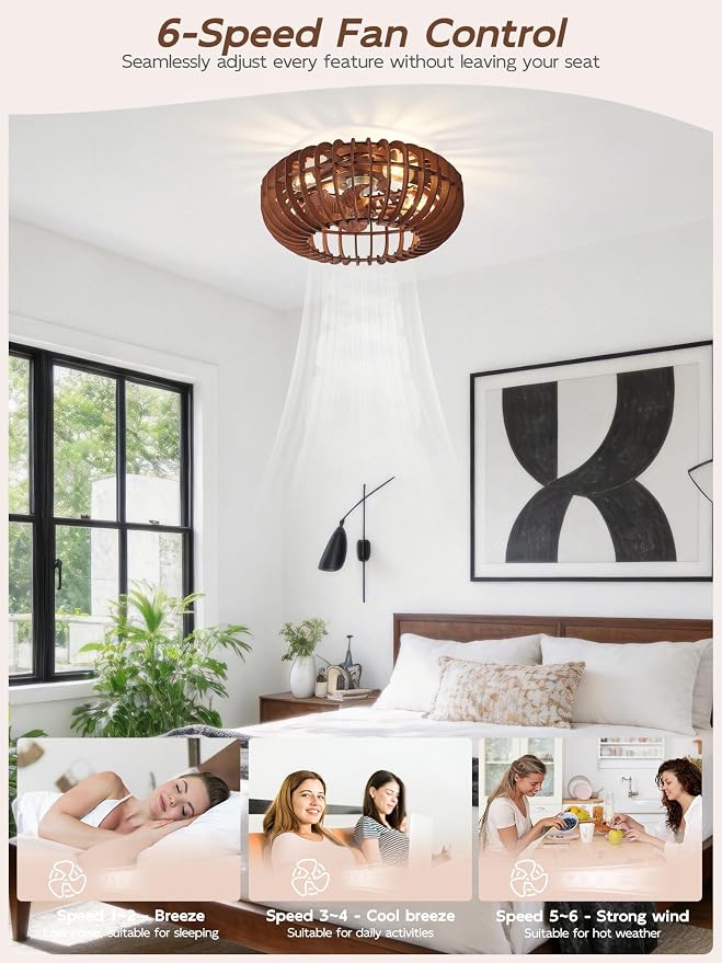20" Wood Ceiling Fans with Lights Flush Mount, Caged Farmhouse Rustic Ceiling Fan with Light Remote Control, Wooden Low Profile for Bedroom, Living Room, Nursery