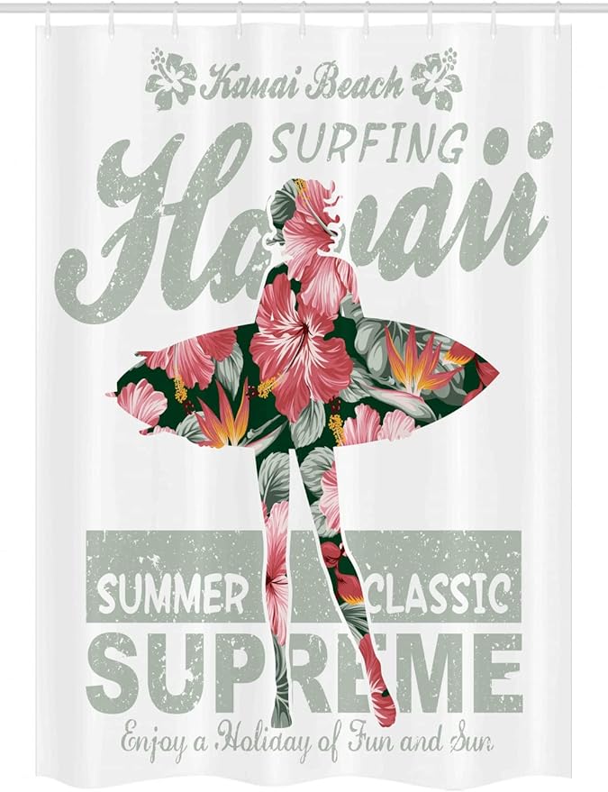 Ambesonne Hawaiian Stall Shower Curtain, Tropical Hawaii Hibiscus Surfing Girl Silhouette Surfboard Retro Themed Artprint, Fabric Bathroom Decor Set with Hooks, 54" W x 78" L, Fuchsia Green