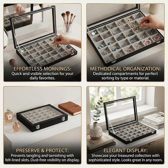 Stratalife 48 Grid Earring Organizer, Jewelry Holder Organizer with Lid | PU Leather Storage Box for Earring, Ring, Studs and Trinkets, Soft Velvet Drawer Organizer for Women, Dustproof, Gray Black