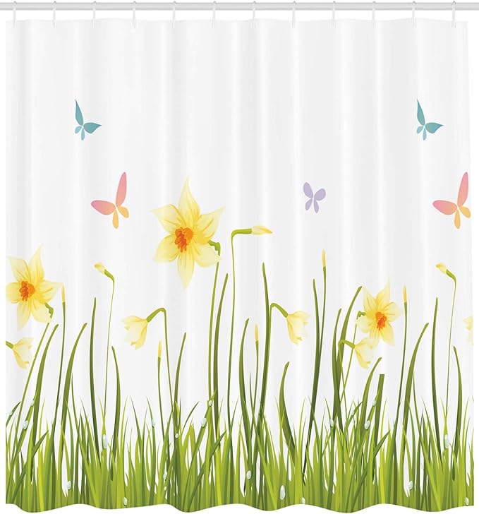 Ambesonne Daffodils Shower Curtain, Daffodil Field with Butterflies Meadow and Grass Springtime Park Easter Print, Cloth Fabric Bathroom Decor Set with Hooks, 69" W x 84" L, Green Yellow