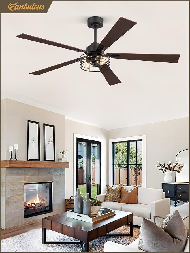 Fanbulous 1 Pack Farmhouse 60 Inch Ceiling Fans with Lights, Black Industrial Caged Ceiling Fans for Bedroom Living Room, Double-Sided 5 Blades Rustic Ceiling Fan-Black
