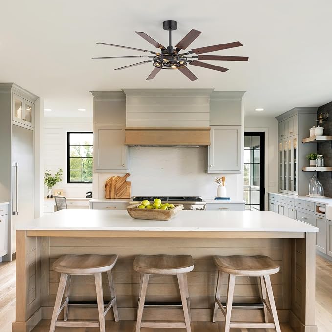 60 Inch Farmhouse Ceiling Fans with Rustic Lights, Caged Ceiling Fans with Remote, Industrial Ceiling Fan with Reversible DC Motor, Antique Downrod Mount Fan with Chandelier for Living Room Bedroom