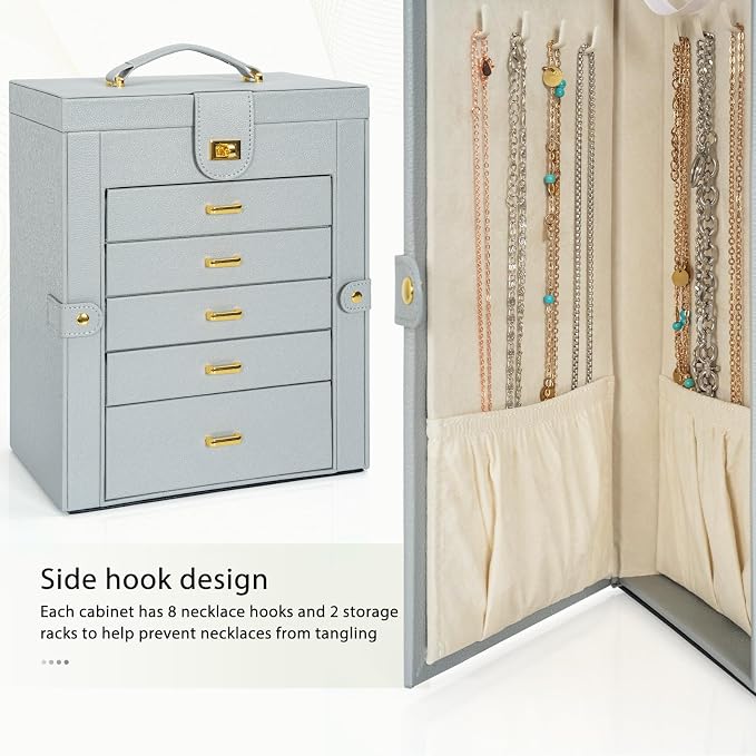 AKOZLIN 6-Tier Jewelry Box Organizer Functional 5 Drawers Leather Jewelry Storage Case for Women Girls Ring Necklace Earring Bracelet Holder Organizer with Mirror Grey Large