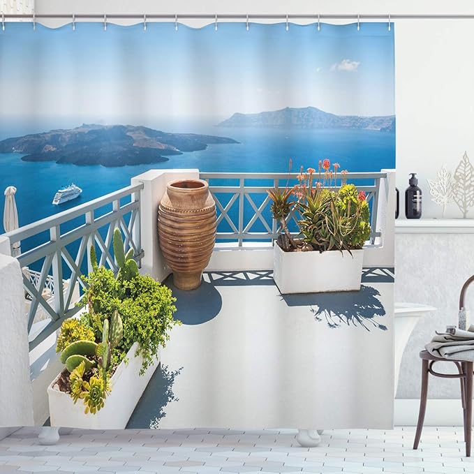 Ambesonne Landscape Shower Curtain, Santorini Island Greece Aegean Sea Trees Flowers Clear Sky Photo Print, Cloth Fabric Bathroom Decor Set with Hooks, 69" W x 84" L, Blue White