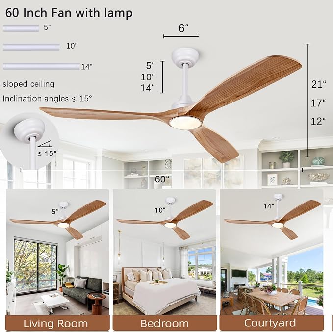 60'' Solid Wood Ceiling Fan Light DC Motor APP Remote 3CCT Dimmable 3 Blade | log-color solid wood blades, pure copper quiet dc inverter motor, remote & app control, 3cct dimmable led light, indoor