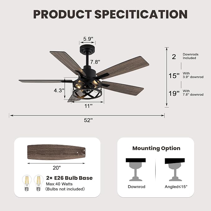 Dawn Whisper 52 Inch Farmhouse Ceiling Fans with Lights and Remote Quiet and Reversible DC Motor Black Industrial Rustic Caged Ceiling Fan for Bedroom Living Room Covered Patio