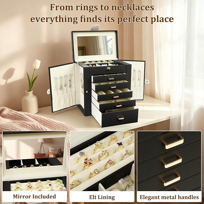 KAMIER Jewelry Box for Women, 6-Layer Large Jewelry Organizer Box with Mirror & 5 Drawers for Rings, Earrings, Necklaces, Bracelets,Black