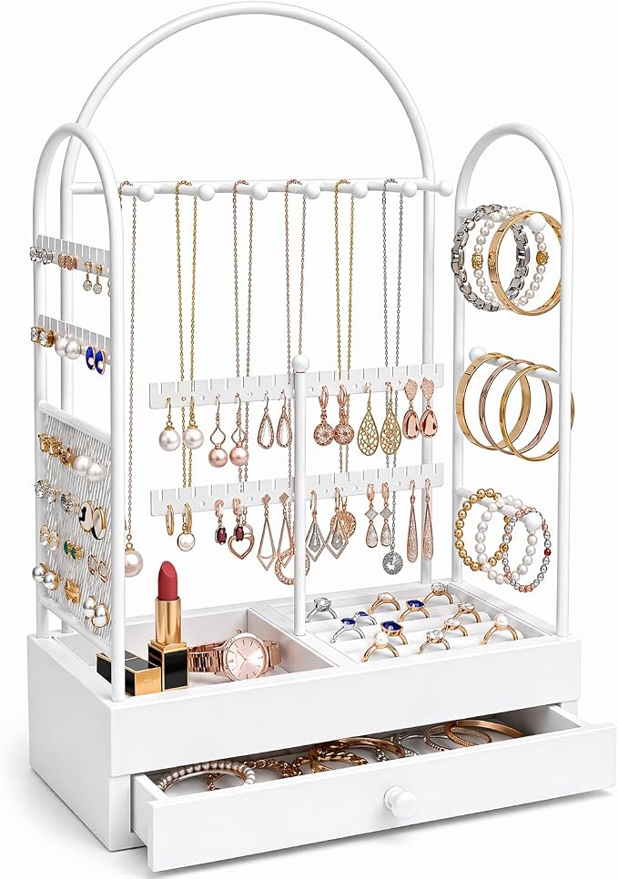 Jewelry Holder, Jewelry Storage Organizer Stand with Velvet Tray & Drawer, Earring Holder & Necklace Display, Multi-section Storage for Necklace, Earrings, Rings, Bracelets, Watches, Gift Idea
