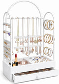 Jewelry Holder, Jewelry Storage Organizer Stand with Velvet Tray & Drawer, Earring Holder & Necklace Display, Multi-section Storage for Necklace, Earrings, Rings, Bracelets, Watches, Gift Idea
