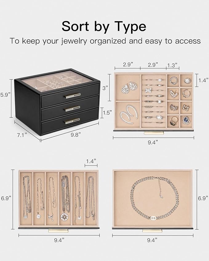 VLANDO Jewelry Box for Women, Glass Lid Jewelry Organizer with 3 Drawers for Necklaces Rings Earrings Bracelets - Black
