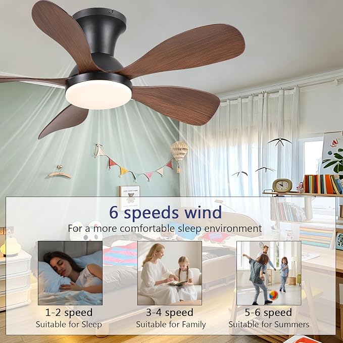 NKPU 33inch Low Profile Ceiling Fans with Lights and Remote/APP Control, Reversible DC Motor, 6 Speeds, Modern Flush Mount Ceiling Fan with 5 Blades for Outdoor Patio,Small Room,Bedroom, Brown