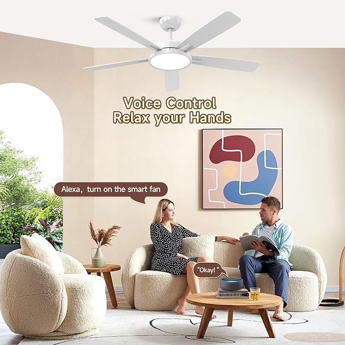 Roomratv Ceiling Fans with Lights,52 inch Smart Ceiling Fans with Dimmable LED Light Compatible with Google Home Alexa App Control(white