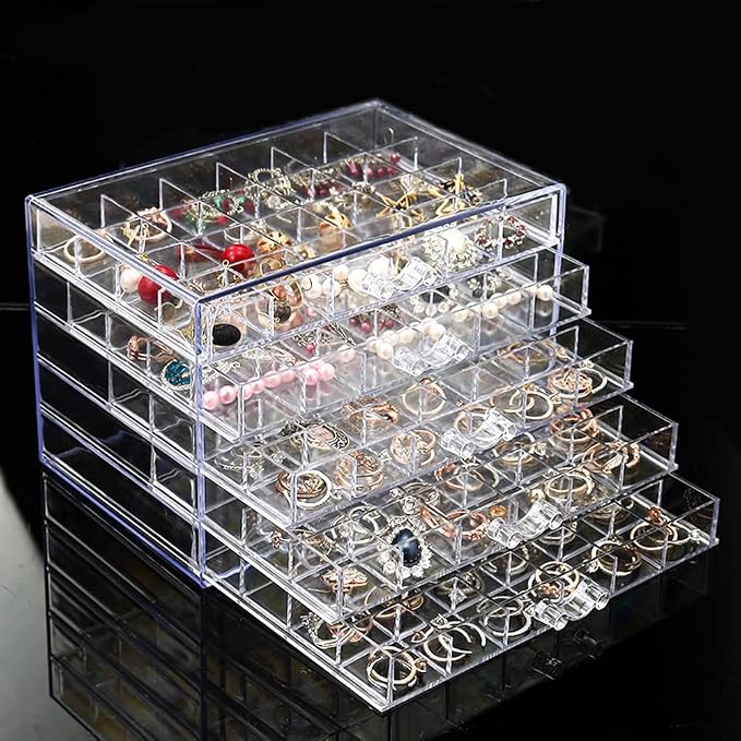 YUFONG Earring Storage Box Organizer, Acrylic Jewelry Storage Box Holder 5 Drawers Transparent Jewelry Display Stand with 120 Small Compartments Gift Boxes for Women Girls (Clear)