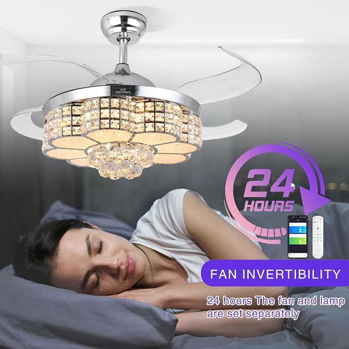 BAYSQUIRREL Retractable Ceiling Fan with Light and Remote/APP Control, Bluetooth Ceiling Fans with Speaker, RGB-LED Light 6 Speeds Reversible Blades,Chandelier Crystal Ceiling Fan with Lights
