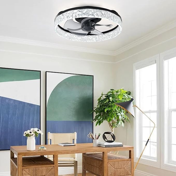 Depuley Ceiling Fans with Lights and Remote: 16" Modern Low Profile Flush Mount Ceiling Fan with App Remote Control - Black Fandelier for Bedroom Living Room Kitchen Dimmable Quiet DC Motor