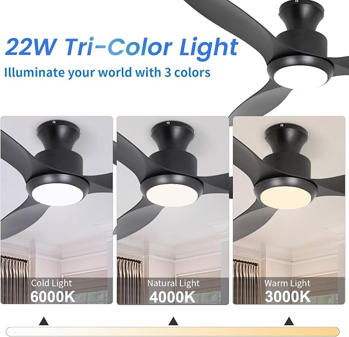48" Ceiling Fan with Light and Remote, Black Flush Mount Ceiling Fan with 3 Blades,3 Color Dimmable Lights, 6 Speeds, Queit DC Motor, Memory Function, Indoor/Outdoor/Bedroom/Living Room/Patios, Black
