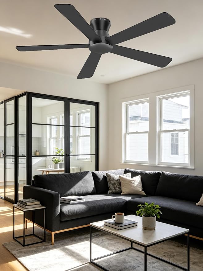 Carrefour 48 Inch Ceiling Fan No Light, Black Low Profile Flush Mount Ceiling Fan Without Light, 6-Speed Reversible, Remote & App Control, Covered Outdoor Ceiling Fans for Patio Living Room Bedroom