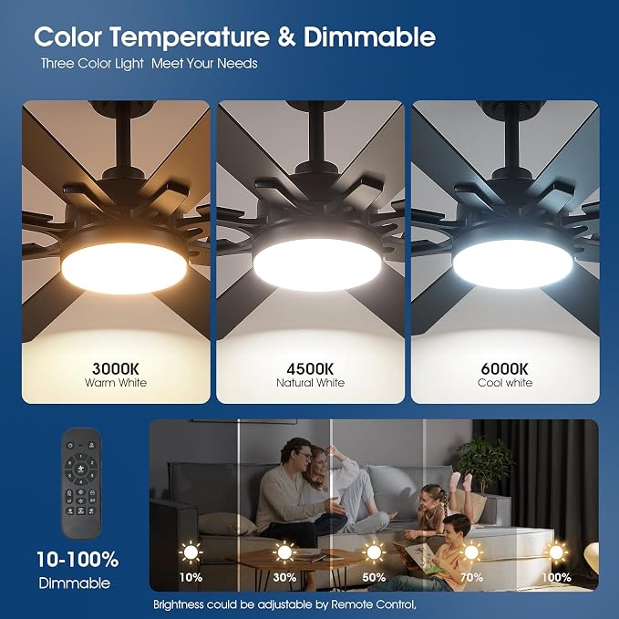 Kviflon 52 Inch Ceiling Fans with Lights, Modern Black Ceiling fan with light for Bedroom Living Room Indoor Outdoor, Remote/APP Control, Reversible Quiet DC Motor, Dimmable LED, 8 Wooden Blades