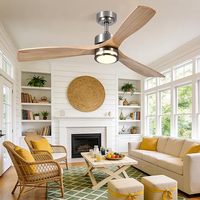 52 Inch Ceiling Fans with Lights and Remote Control, 3 Blade Ceiling Fan with Light for Bedroom Living Room Indoor Outdoor Patio, Reversible, 3CCT, Dimmable, Noiseless DC Motor, Nickel & Natural Wood