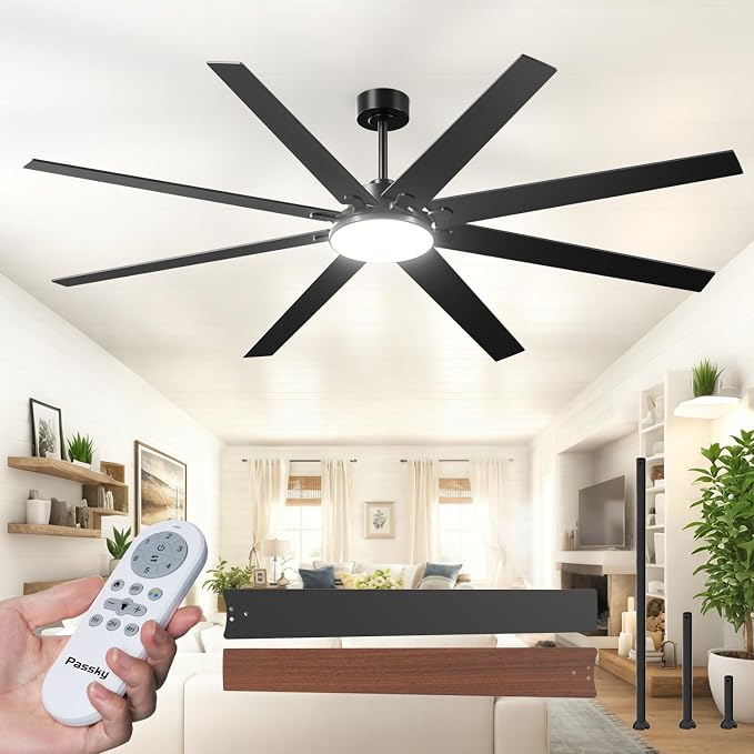 80 inch Ceiling Fans with Lights, Large Modern Ceiling Fan with Light and Remote Control, Reversible, 3CCT, Dimmable, Quiet, Black Ceiling fan For Bedroom, Living Room, Patio Farmhouse, Indoor/Outdoor