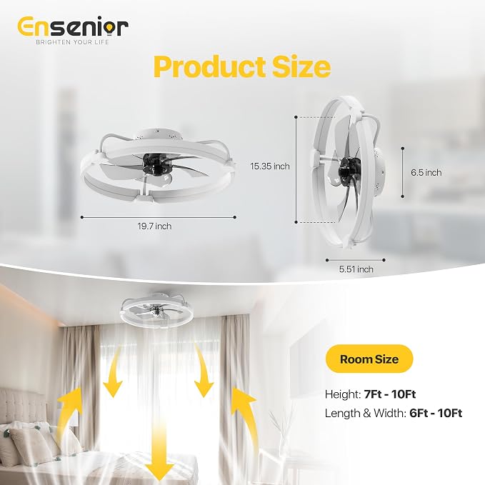Ensenior Ceiling Fans with Lights and Remote, 20" Low Profile Ceiling Fan Flush Mount, APP Control, 6 Speed, 3CCT, Quiet Reversible DC Motor, Dimmable Modern Ceiling Fan with Light for Bedroom, White