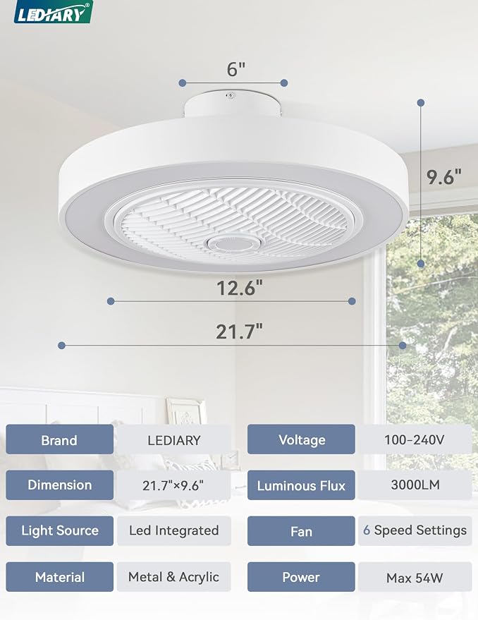 LEDIARY 22in Enclosed Ceiling Fan with Light and Remote, White Modern Bladeless Ceiling Fan with Bright Light, Led Flush Mount Ceiling Fans for Bedroom, Living Room, Kid Room(6 Speeds, 3000-6000K)