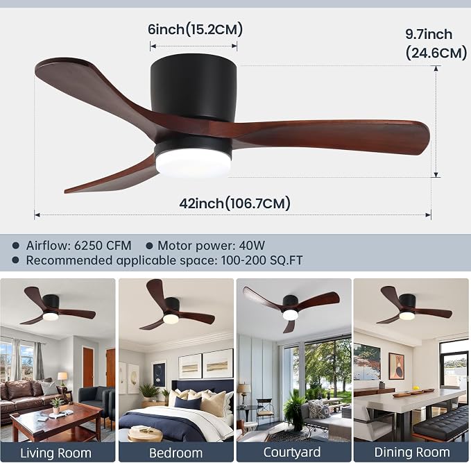 GESUM 42" Ceiling Fan with Lights Remote Control, Low Profile Ceiling Fan with 3 Walnut Wood Blades, Reversible,Dimmable, Flush Mount Ceiling Fans for Living Room Kitchen Bedroom(Black+Walnut)