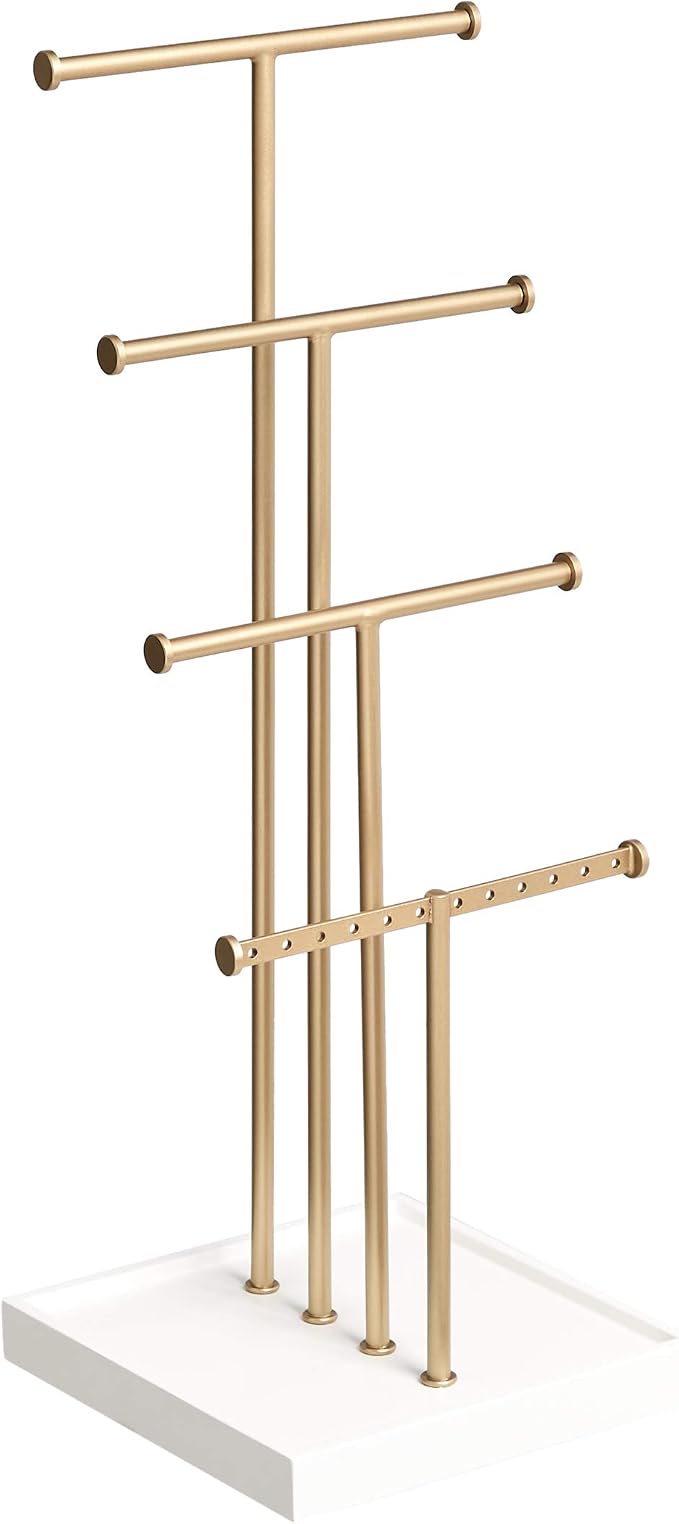 Amazon Basics Four-Tier Jewelry Organizer Tree Stand, Necklace Earring Bracelet Holder with Ring Storage, White/Brass